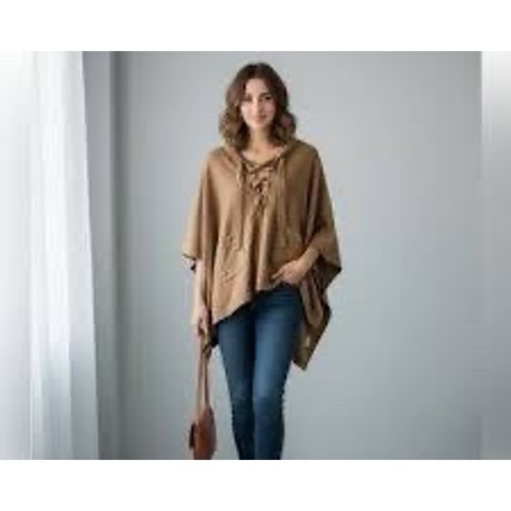 NAADAM Cashmere Poncho Hooded Lace Up V-Neck Sweater Wrap Taupe Brown One Size